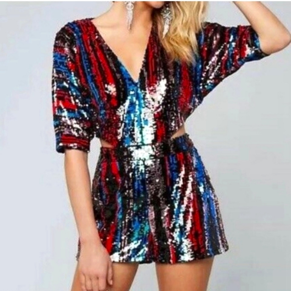 Bebe Kimono Sleeve Cutout Sequin Romper
